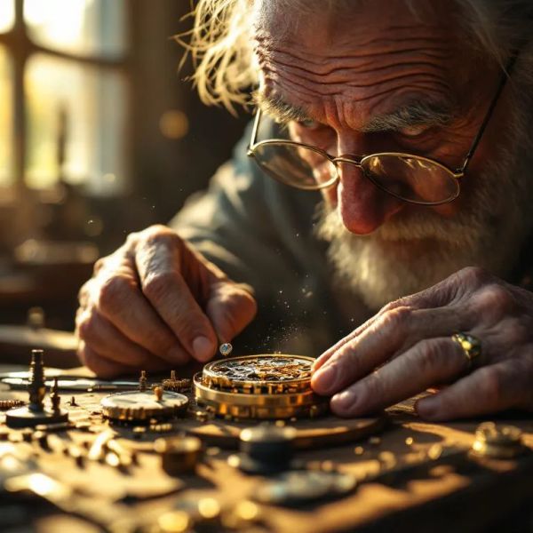 AI image generated by FLUX1.1 [pro] — prompt: A hyper-realistic close-up portrait of an elderly watchmaker in a sun-drenched workshop, focusing on his weathered hands and focused eyes as he uses a jeweler's loupe to adjust a complex, skeletonized mechanical watch movement. Dust motes dance in the golden light filtering through a window, illuminating brass gears, tiny springs, and vintage precision tools on a scarred wooden workbench. 4k resolution, shallow depth of field, cinematic lighting, rich textures of metal and skin.