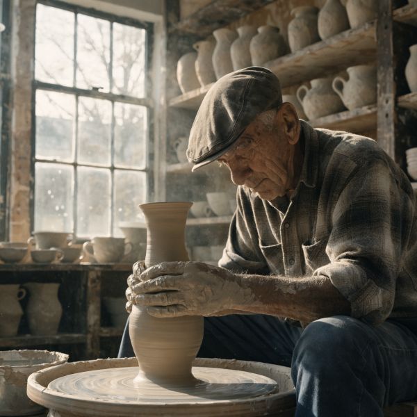 A medium shot of an elderly artisan in a sunlit ceramic studio, hands covered in wet clay as he s...