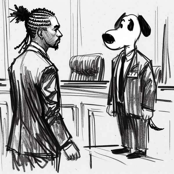 AI image generated by DALL-E 3 — prompt: courtroom sketch of Snoop Dogg being sued by Snoopy