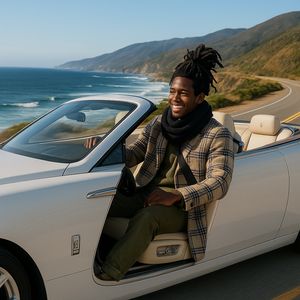 Make a photo of the man driving the car down the Californ...