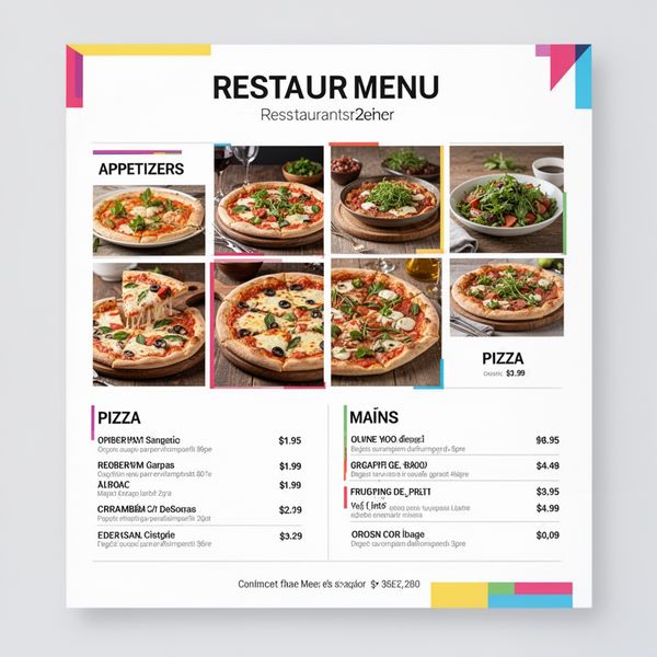 AI image generated by Wan 2.6, ranked #18 of 19 in the "Modern Clean Menu" arena challenge — prompt: Modern minimalist restaurant menu design, white background with colorful food photos in grid, sections for appetizers/pizza/mains, bold sans-serif fonts, vibrant accents, clean professional layout for casual dining.