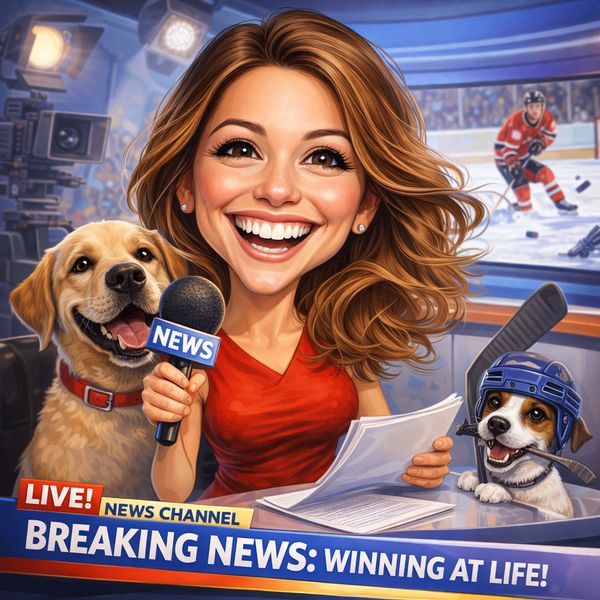 AI image generated by GPT Image 1.5, ranked #2 of 13 in the "Over-the-top cartoon caricature" arena challenge — prompt: Create a caricature of me and my job. Make it exaggerated and humorous, incorporating my profession as a tv show anchor and my love for dogs and hockey.