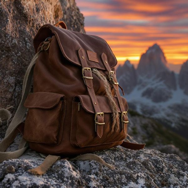 A hyper-realistic close-up of a weathered leather mountaineering backpack resting against a jagge...