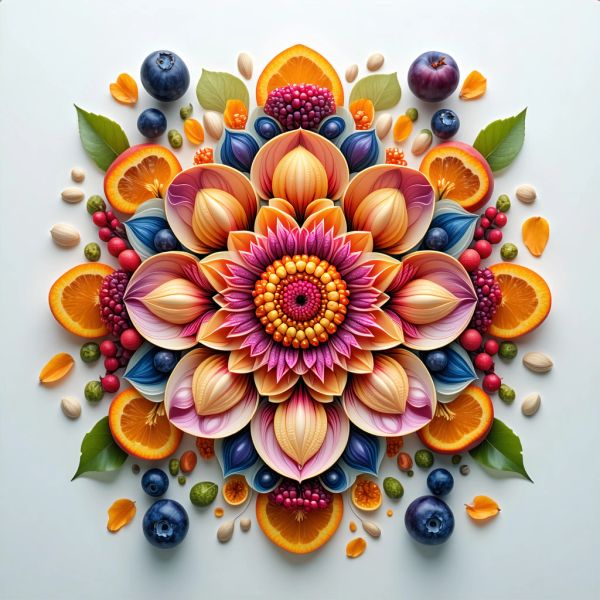 AI image generated by Stable Diffusion 3.5 Large, ranked #14 of 15 in the "Intricate Floral Mandala" arena challenge — prompt: Perfectly symmetrical mandala made entirely of real flowers, petals, leaves, fruits, and seeds in vibrant natural colors, intricate layered patterns with radial symmetry, top-down view on a soft neutral background, hyper-detailed organic textures and subtle shadows, photorealistic, 8K masterpiece.