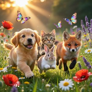 Hyper-photorealistic scene of fluffy baby animals—a golde...