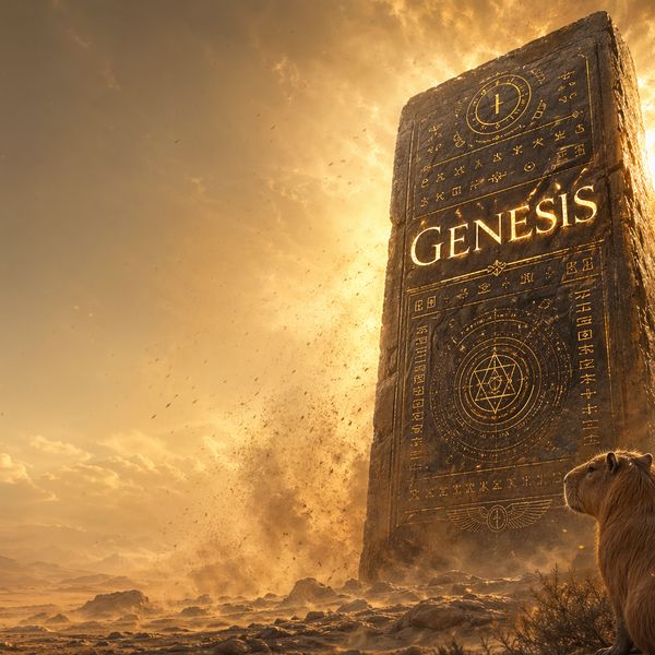 AI image generated by GPT Image 2 — prompt: A towering, ancient stone monolith stands amidst a swirling mystical sandstorm in a vast desert landscape, the monolith featuring deeply carved, perfectly legible glowing golden runes and modern typography that reads "GENESIS" in a bold, elegant serif font. The composition is a cinematic 16:9 ultra-wide shot with a dramatic low angle, leaving the left third of the frame as clear desert sky for text overlay. In the lower right corner, partially obscured by a weathered desert shrub, a calm capybara sits peacefully, watching the glowing monument as fine sand drifts past its fur. The lighting is premium and flagship-quality, with God-rays piercing through the dust clouds to illuminate the crisp edges of the stone lettering.
