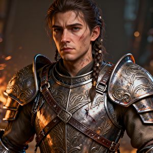 Close portrait of a battle-worn paladin in ornate engrave...