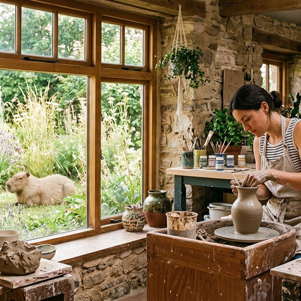 A sun-drenched, cozy ceramic studio with hand-painted pottery on wooden shelves. In the center, a...