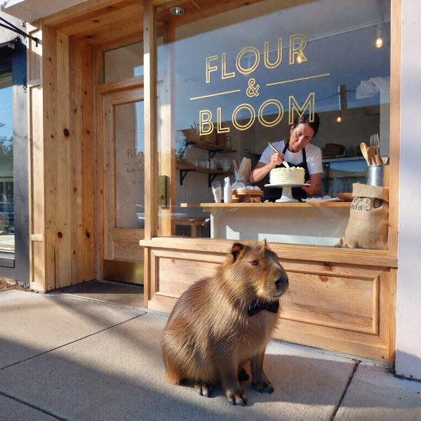 A sunlit, minimalist bakery storefront with a large glass window displaying the hand-lettered gol...