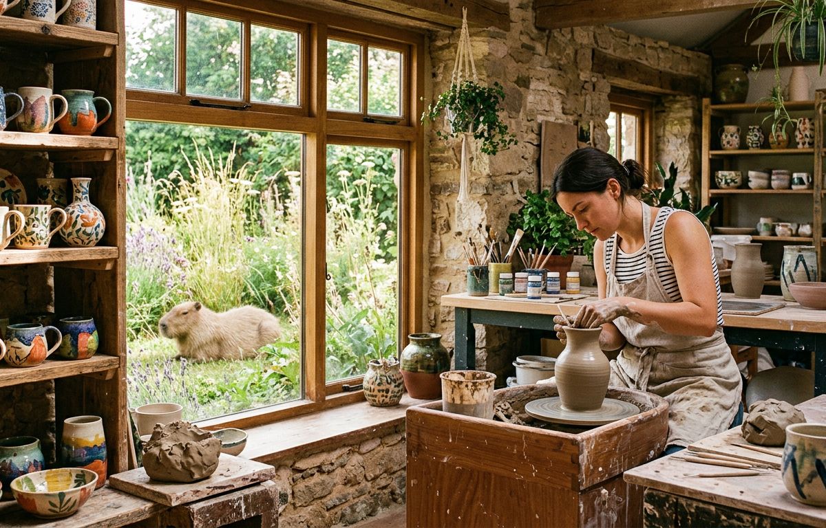 Nano Banana 2 generated image of A sun-drenched, cozy ceramic studio with hand-painted pottery on wooden shelv...