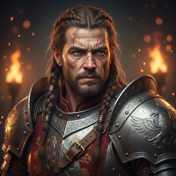 Close portrait of a battle-worn paladin in ornate engraved plate armor, hair braided with small b...