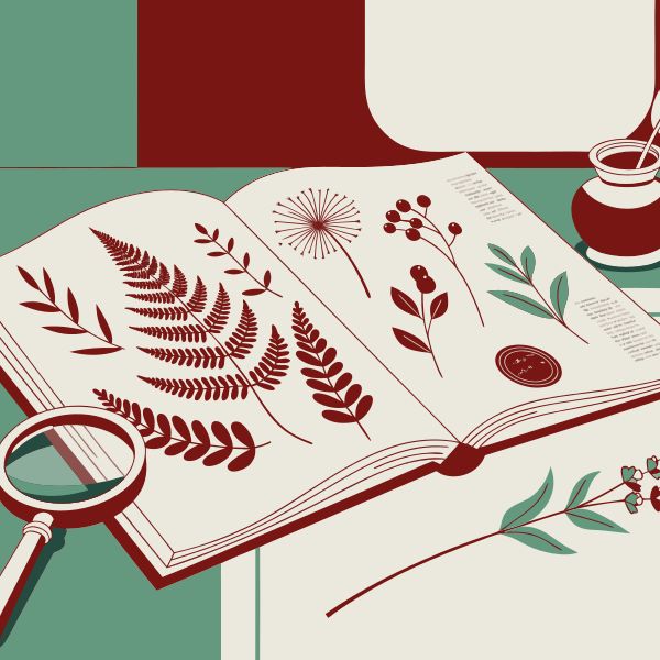 AI image generated by Recraft V4.1 Pro SVG — prompt: A minimalist flat-vector illustration of a vintage botanical researcher's desk, featuring an open field journal with intricate hand-drawn sketches of ferns and wildflowers, a brass magnifying glass, a small ceramic inkwell, and a single sprig of lavender, clean geometric shapes, high-contrast organic palette of sage green, deep terracotta, and cream, sharp vector precision, elegant 2D composition.