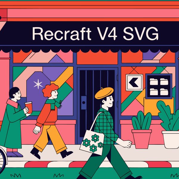 A view of a storefront with the store name "Recraft V4 SVG". The composition should be such, that...