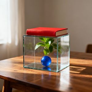 A glass cube on a wooden table. Inside the cube is a smal...