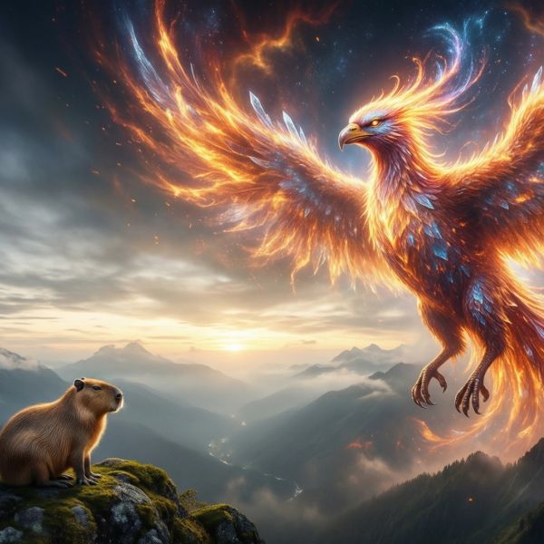 An epic, wide-angle cinematic shot of a majestic celestial phoenix made of swirling solar flares ...