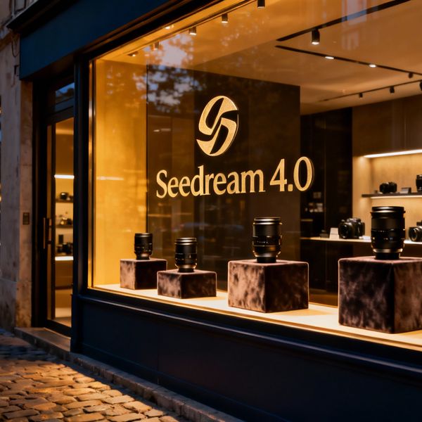 Cinematic wide shot of a high-end, boutique camera store at twilight. The shop window features a ...