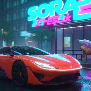 Cinematic drone shot of a sleek, futuristic orange sports...