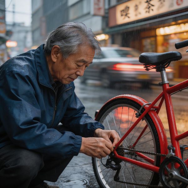A candid street photo of an elderly Japanese man repairing a red bicycle in light rain, reflectio...
