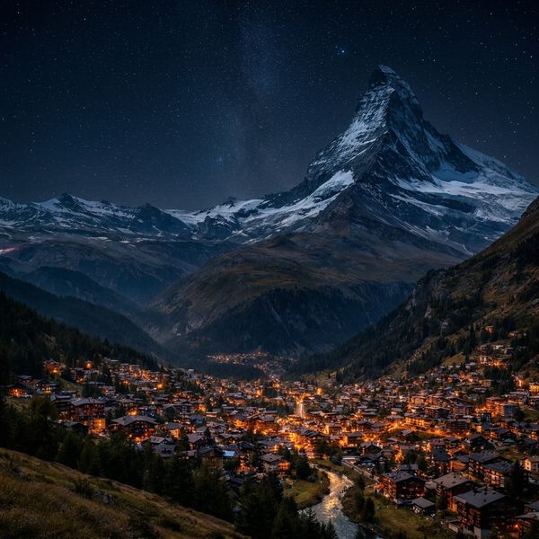 Change the scene to night: a deep, dark sky with subtle, glistening stars visible behind the moun...