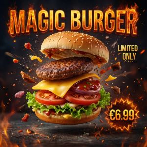Qwen Image 2512 — Magic Burger Explosion: Fiery Photorealism Challenge