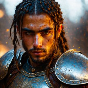 Close portrait of a battle-worn paladin in ornate engrave...