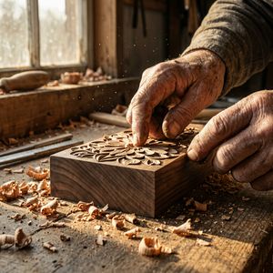A meticulous close-up of an elderly artisan's hands carvi...