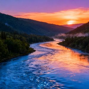 A wide, cinematic long shot of a majestic river winding t...
