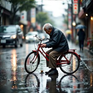 A candid street photo of an elderly Japanese man repairin...