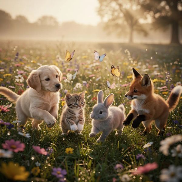 AI image generated by FLUX.2 [max], ranked #14 of 27 in the "Adorable Baby Animals in Sunny Meadow" arena challenge — prompt: Hyper-photorealistic scene of fluffy baby animals—a golden retriever puppy, tabby kitten, baby bunny, and red fox kit—with big expressive eyes and ultra-detailed soft fur, playfully chasing butterflies and tumbling together in a lush wildflower meadow, warm golden sunrise light with god rays and dew sparkles, joyful wholesome vibe, 8K masterpiece.
