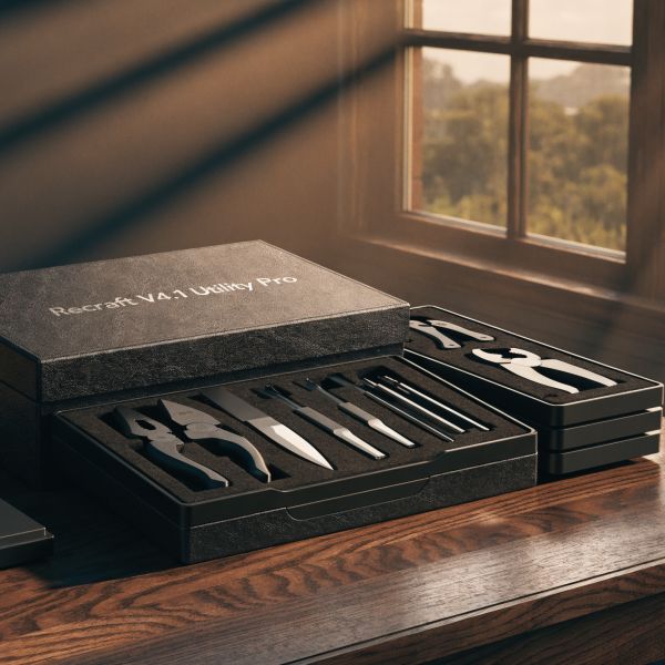 AI image generated by Recraft V4.1 Utility Pro — prompt: Cinematic wide shot of a high-end, designer utility multi-tool kit displayed on a polished walnut workbench. The sleek, matte-black packaging features the brand name "Recraft V4.1 Utility Pro" embossed in elegant, minimalist silver typography. Warm, directional sunlight streams through a nearby window, creating deep shadows and highlighting the brushed metal textures of the tools. Professional color grading with rich ambers and deep charcoal tones, 16:9 aspect ratio, sophisticated product photography aesthetic.