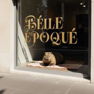 A sun-drenched minimalist storefront with a large glass w...