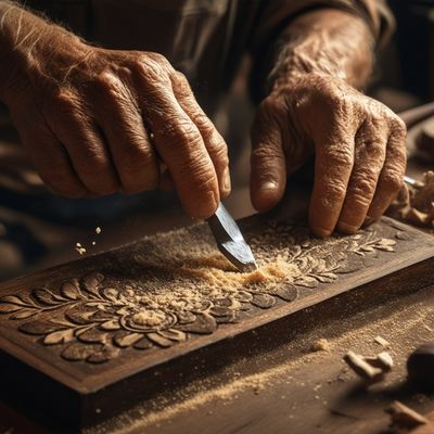 Stable Diffusion 3.5 Medium generated image of A hyper-realistic close-up of an elderly artisan's weathered hands meticulous...