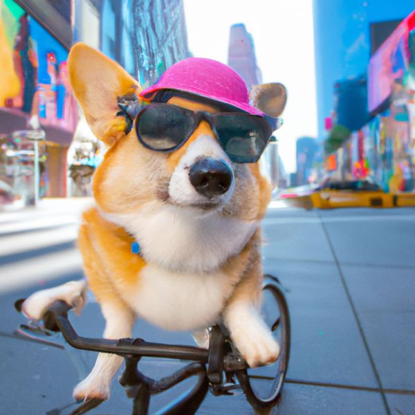 AI image generated by DALL-E 2 — prompt: A photo of a Corgi dog riding a bike in Times Square. It is wearing sunglasses and a beach hat.