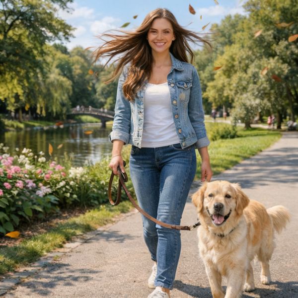 AI image generated by Seedream 4.0, ranked #12 of 12 in the "Golden Hour Stroll" arena challenge — prompt: Add dynamic motion to this photo: make hair blow in the wind, add leaves flying, energetic and lively feel.