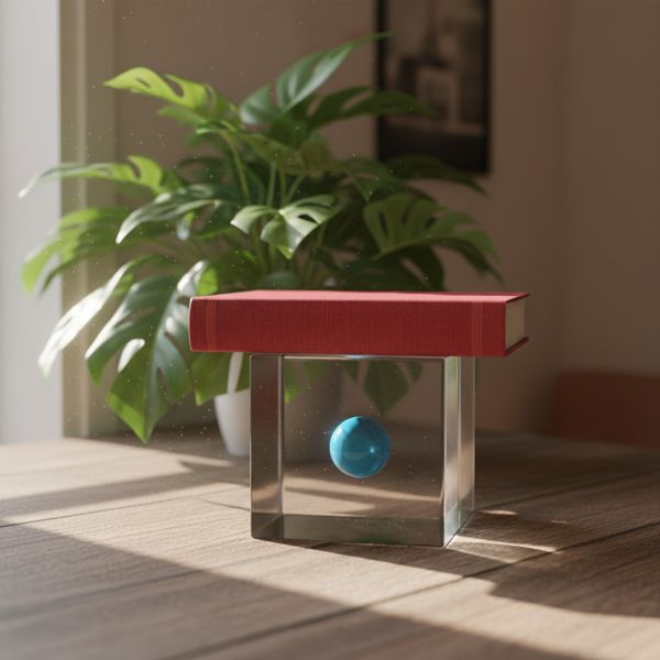 A glass cube on a wooden table. Inside the cube is a small blue sphere. On top of the cube sits a...