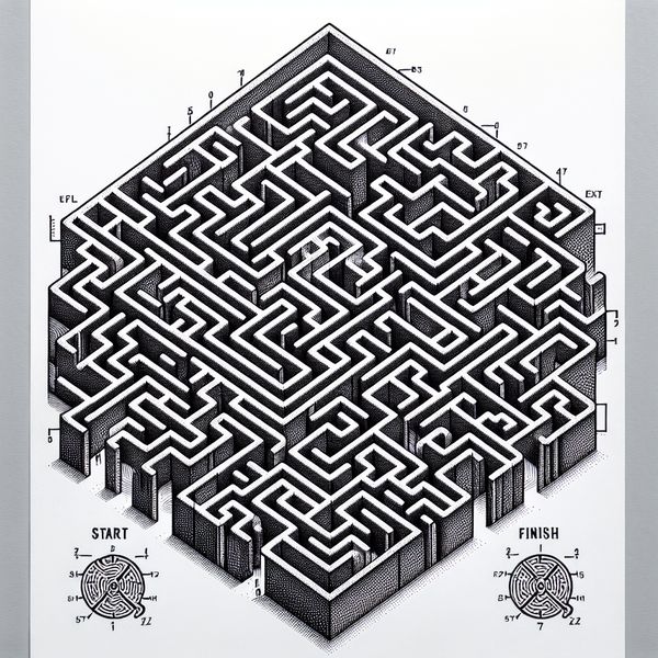 AI image generated by DALL-E 3 — prompt: A standard 2d maze with a single clearly marked exit and a single clearly marked entrance. A dashed line indicates the successful route through the maze.