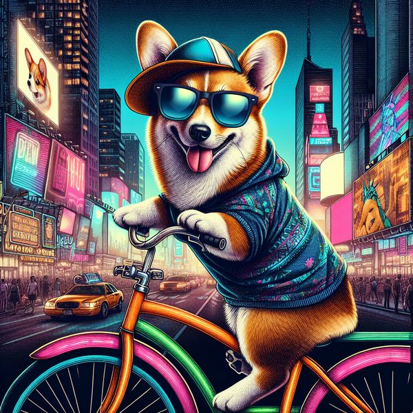 AI image generated by DALL-E 3 — prompt: A photo of a Corgi dog riding a bike in Times Square. It is wearing sunglasses and a beach hat.