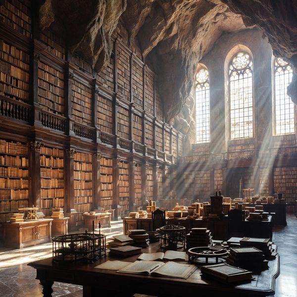 A vast, dimly lit ancient library carved into a cliffside at golden hour, with endless towering s...