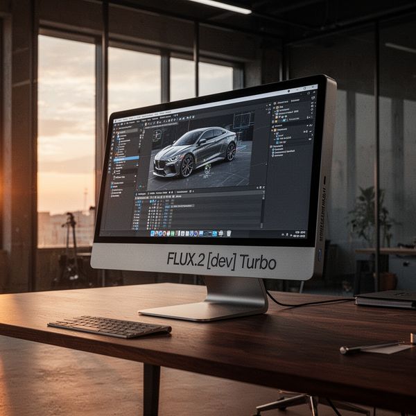 Cinematic wide shot of a high-end, minimalist creative studio at sunset. In the center of the fra...