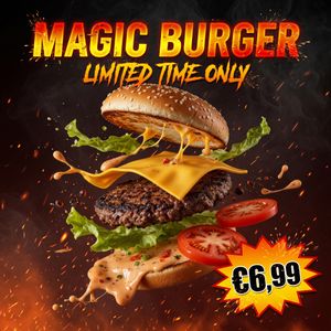 Grok Imagine Image Pro — Magic Burger Explosion: Fiery Photorealism Challenge
