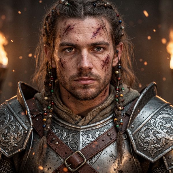 Close portrait of a battle-worn paladin in ornate engraved plate armor, hair braided with small b...