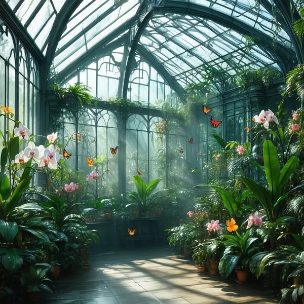 Hyper-photorealistic interior of a lush Victorian glass greenhouse filled with exotic tropical pl...