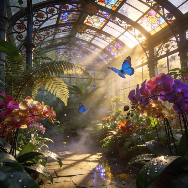AI image generated by Seedream 4.5, ranked #15 of 17 in the "Victorian Greenhouse Oasis" arena challenge — prompt: Hyper-photorealistic interior of a lush Victorian glass greenhouse filled with exotic tropical plants, vibrant blooming orchids, tall ferns, colorful butterflies in flight, sunlight filtering through ornate glass roof creating realistic caustics and dew on leaves, intricate iron framework visible, misty atmosphere, 8K masterpiece.