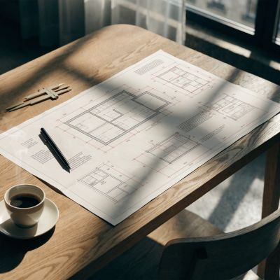 Recraft V4.1 Pro generated image of A cinematic high-angle shot of a minimalist wooden architect's desk. On the d...