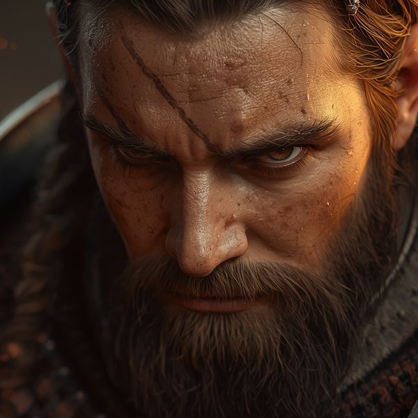 Close portrait of a battle-worn paladin in ornate engraved plate armor, hair braided with small b...