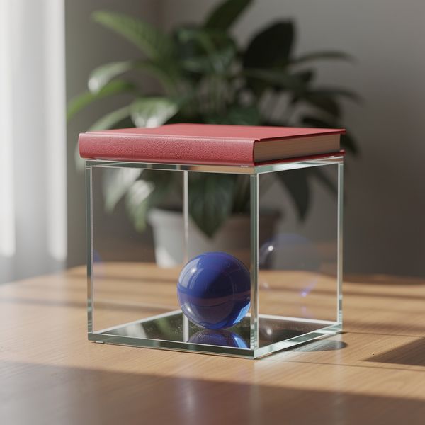 AI image generated by FLUX.2 [max], ranked #14 of 22 in the "Geometric Composition" arena challenge — prompt: A glass cube on a wooden table. Inside the cube is a small blue sphere. On top of the cube sits a red book. A green plant is behind the cube, partially visible through the glass. Soft window light from the left.