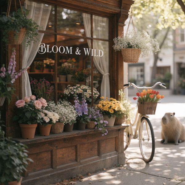 AI image generated by Recraft V4.1 Utility — prompt: A cozy, sunlit wooden storefront of a boutique flower shop named "BLOOM & WILD" in elegant serif typography on the glass. In the soft-focus background, a calm capybara sits on the sidewalk next to a bicycle with a basket of tulips.