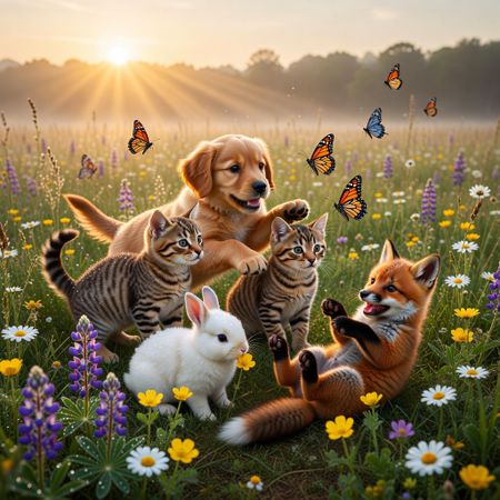 Grok Imagine Image Pro benchmark result for Adorable Baby Animals in Sunny Meadow