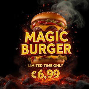 Ad for 'Magic Burger'. Dynamic, exploded burger with all ...