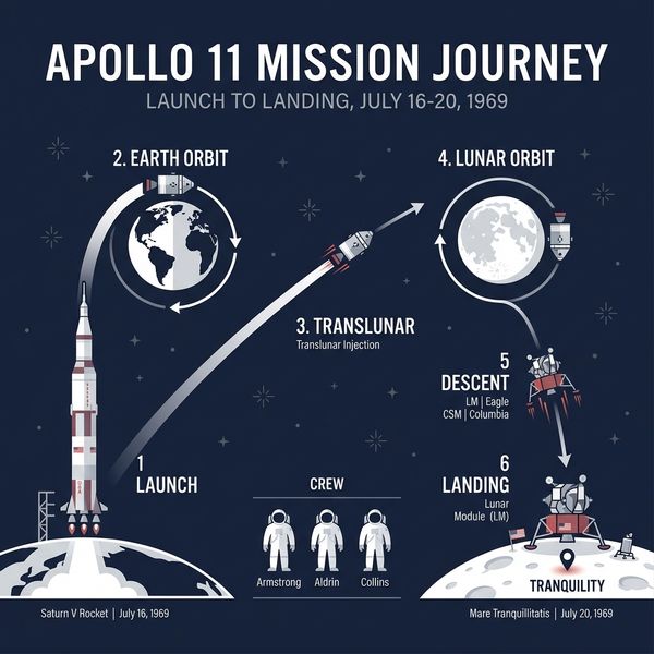 Create a clean, modern vector infographic poster about the Apollo 11 mission. NASA-inspired palet...